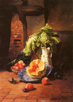 David Emile Joseph De Noter : A Still Life With A White Porcelain Pitcher Fruit And Vegetables